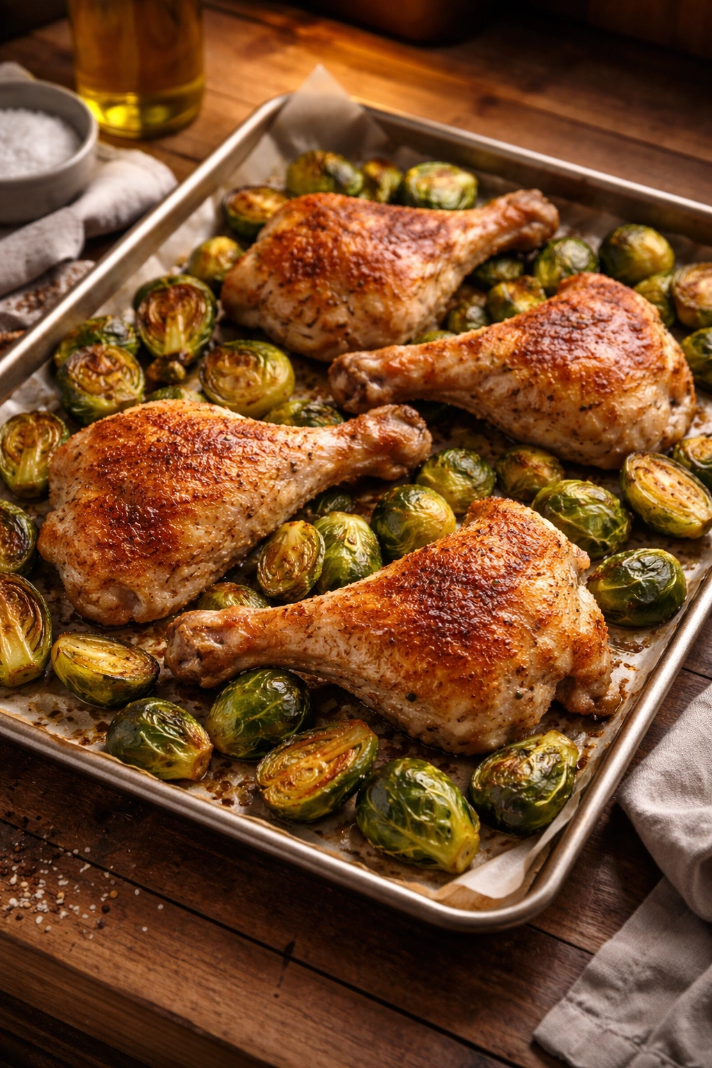 Close-up of crispy chicken skin with Brussels sprouts on a sheet pan