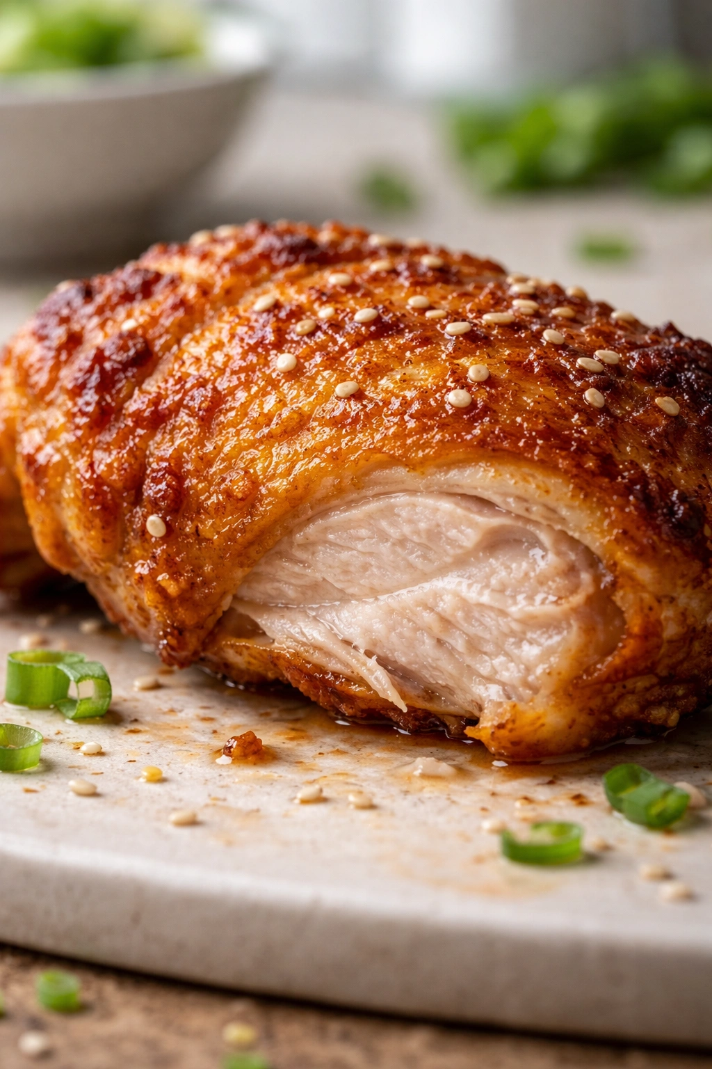 Crispy-skinned chicken thigh with juicy interior visible at the edge
