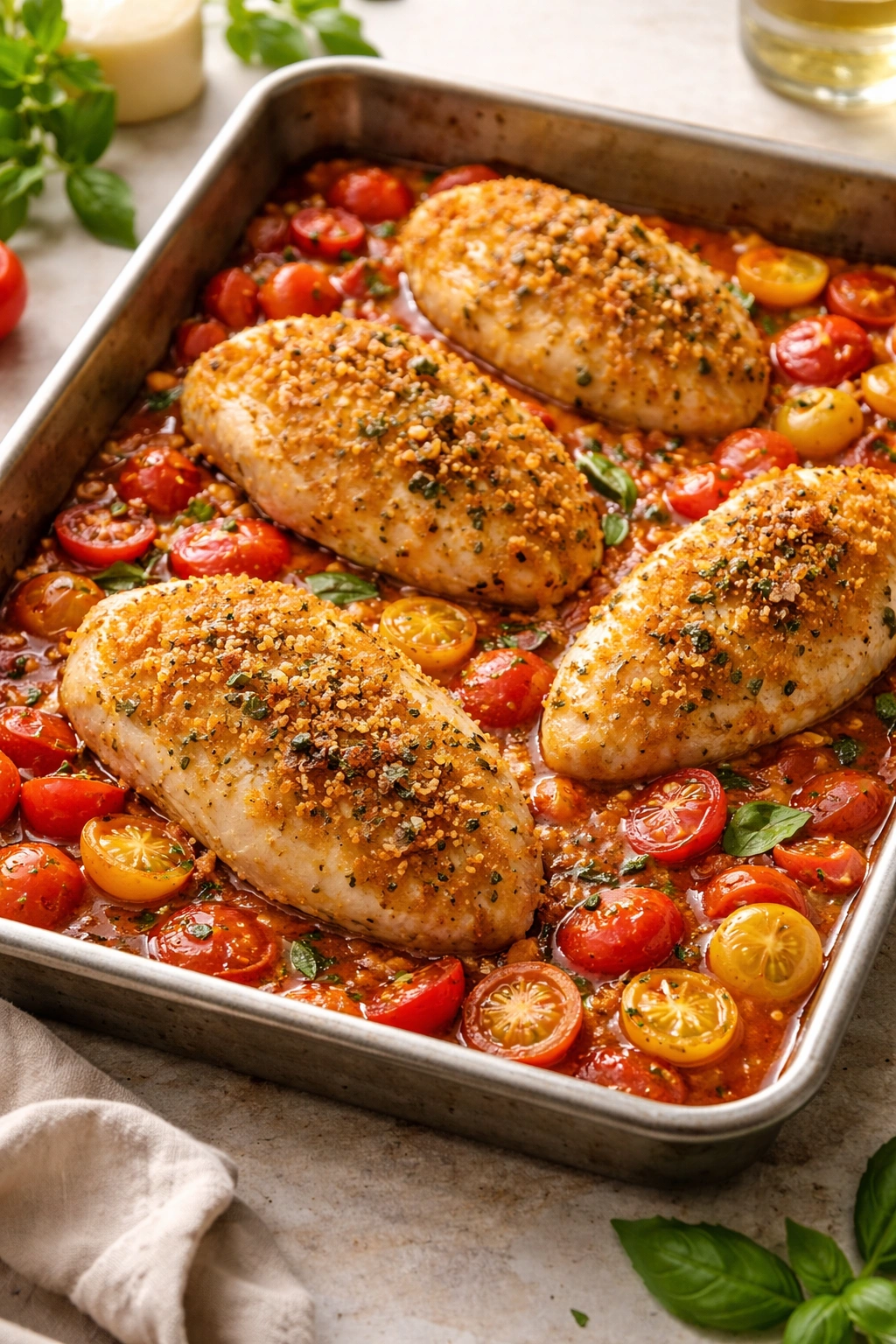 Crispy baked chicken with cherry tomatoes and golden breadcrumb crust