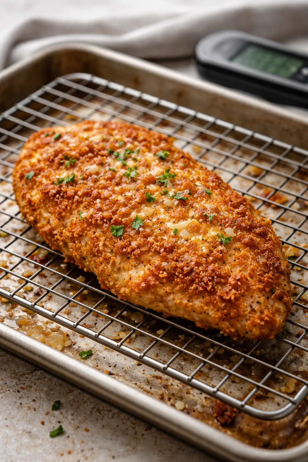 Close-up of crispy chicken cutlet on wire rack with golden crust