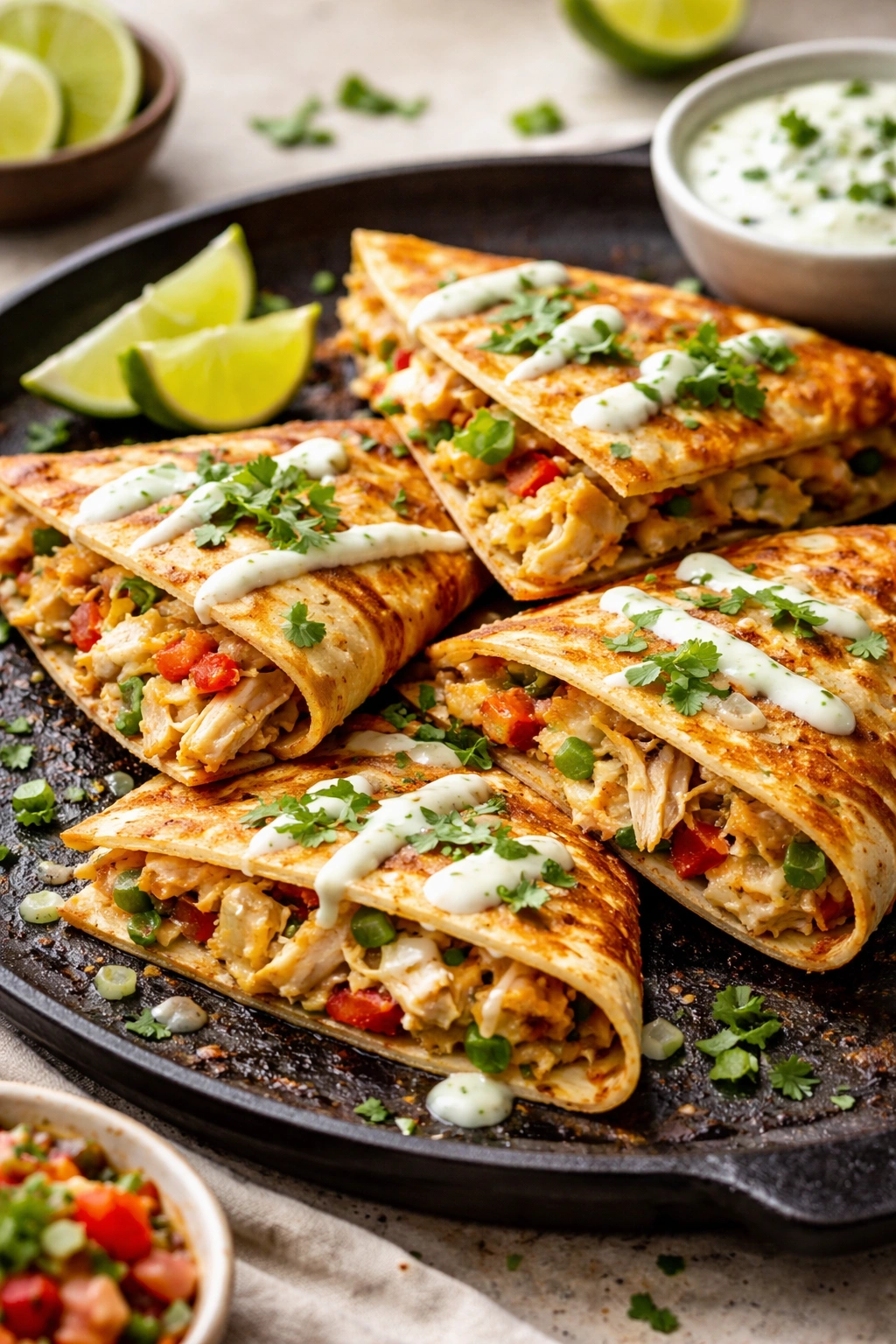 Crispy chicken quesadillas with lime crema