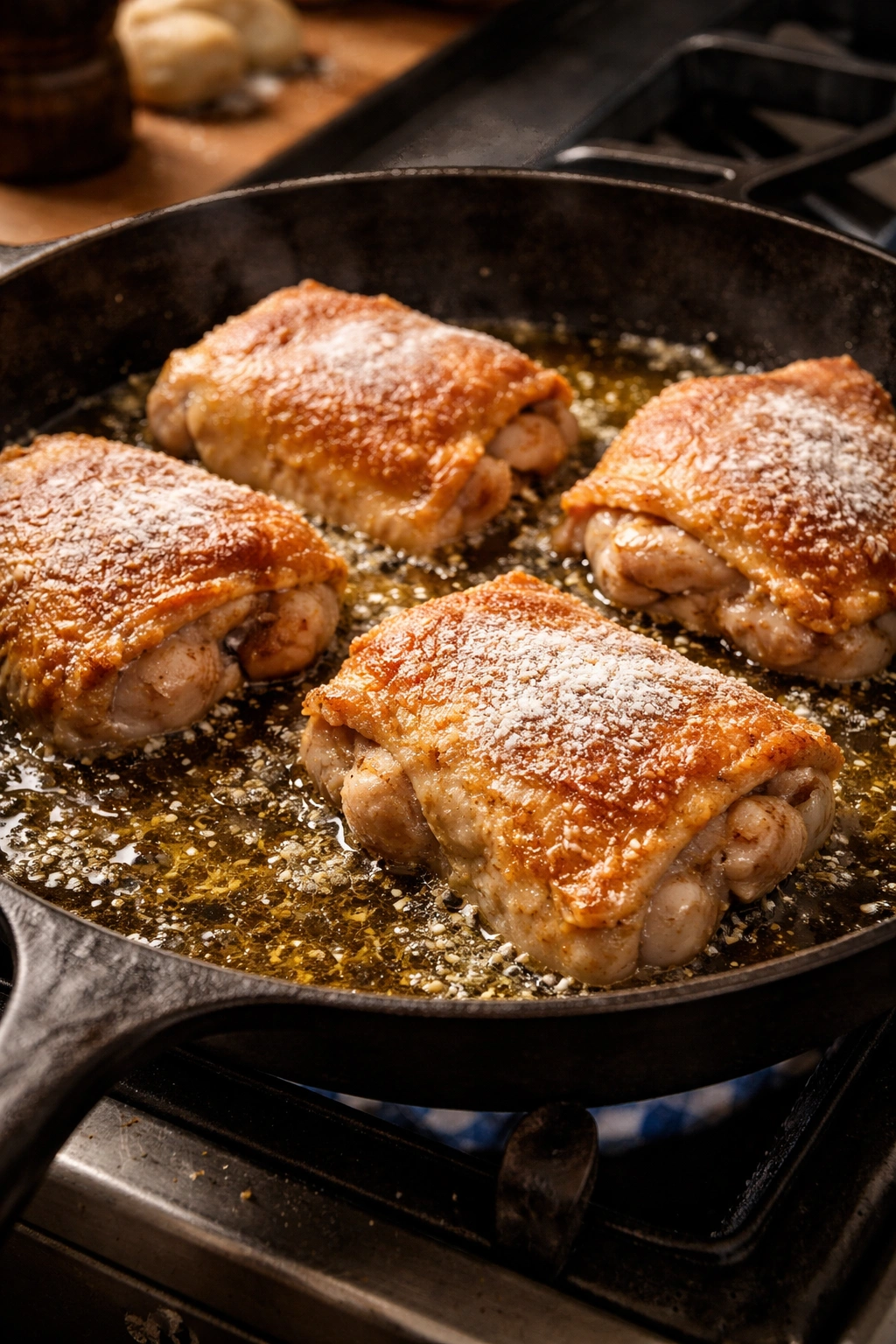 Close-up of chicken thighs in shimmering oil with light cornstarch coating