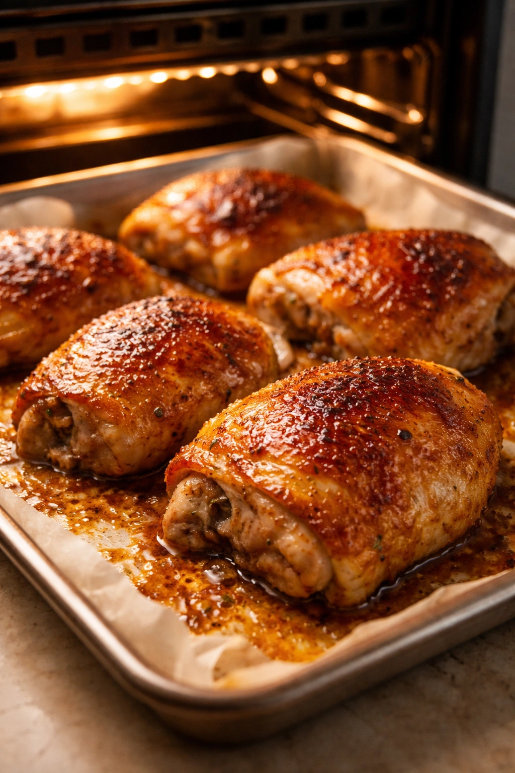 Crispy-skinned chicken thigh close-up showing crackling skin