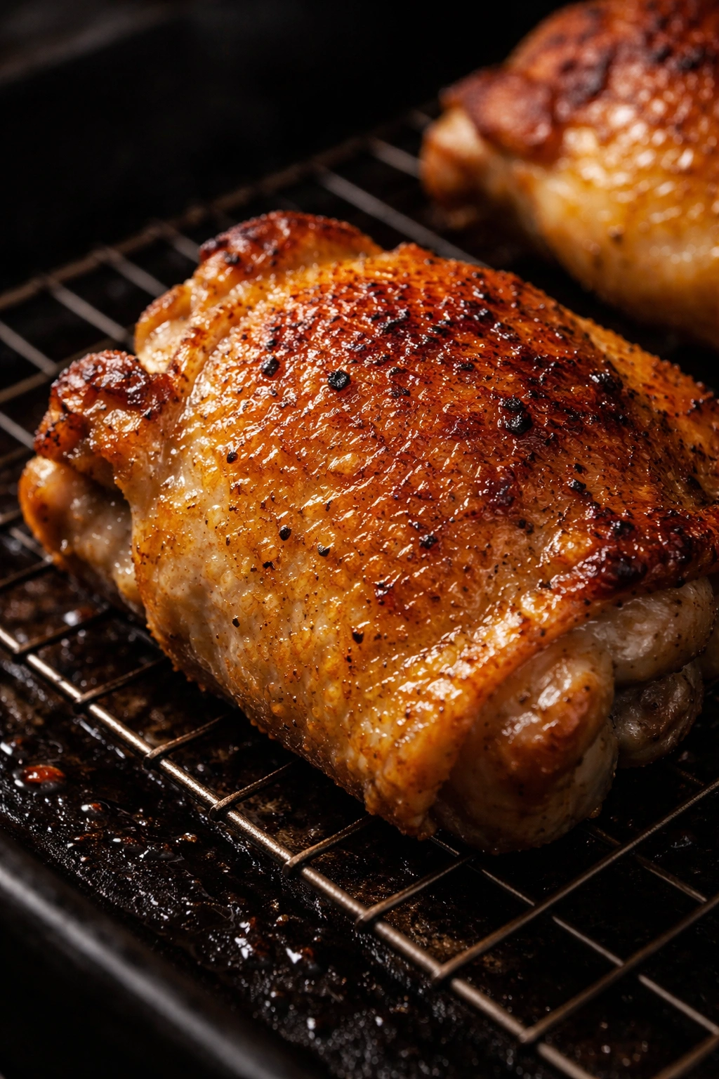 Close-up of crackly crispy chicken skin on golden surface
