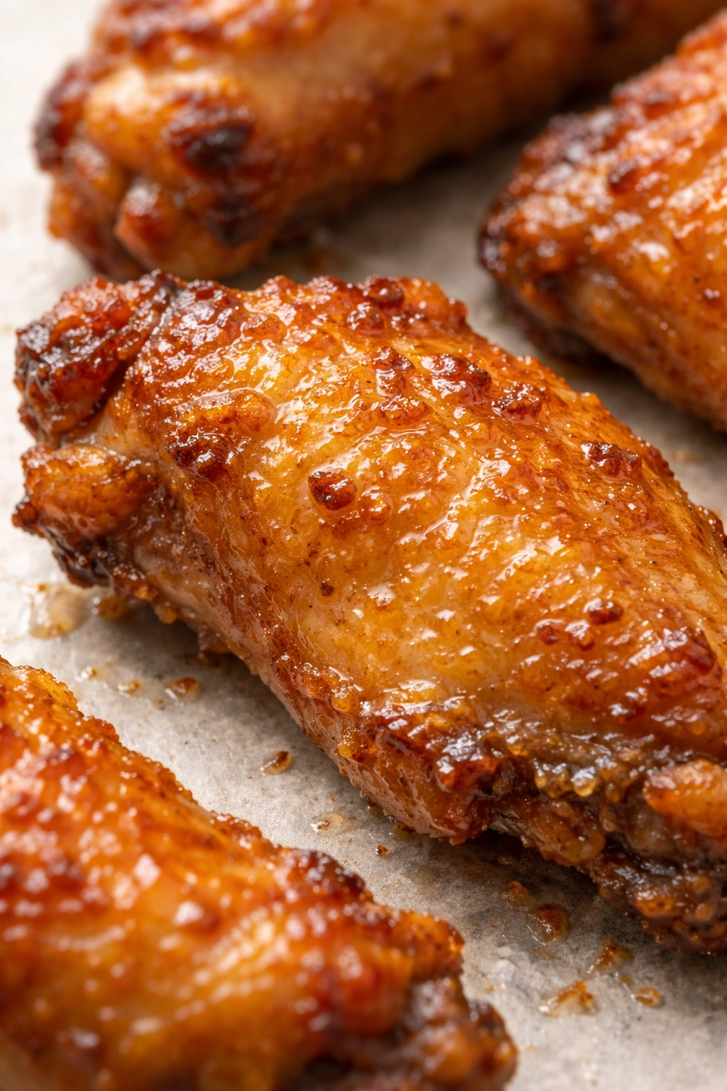 Macro close-up of crispy blistered chicken skin.