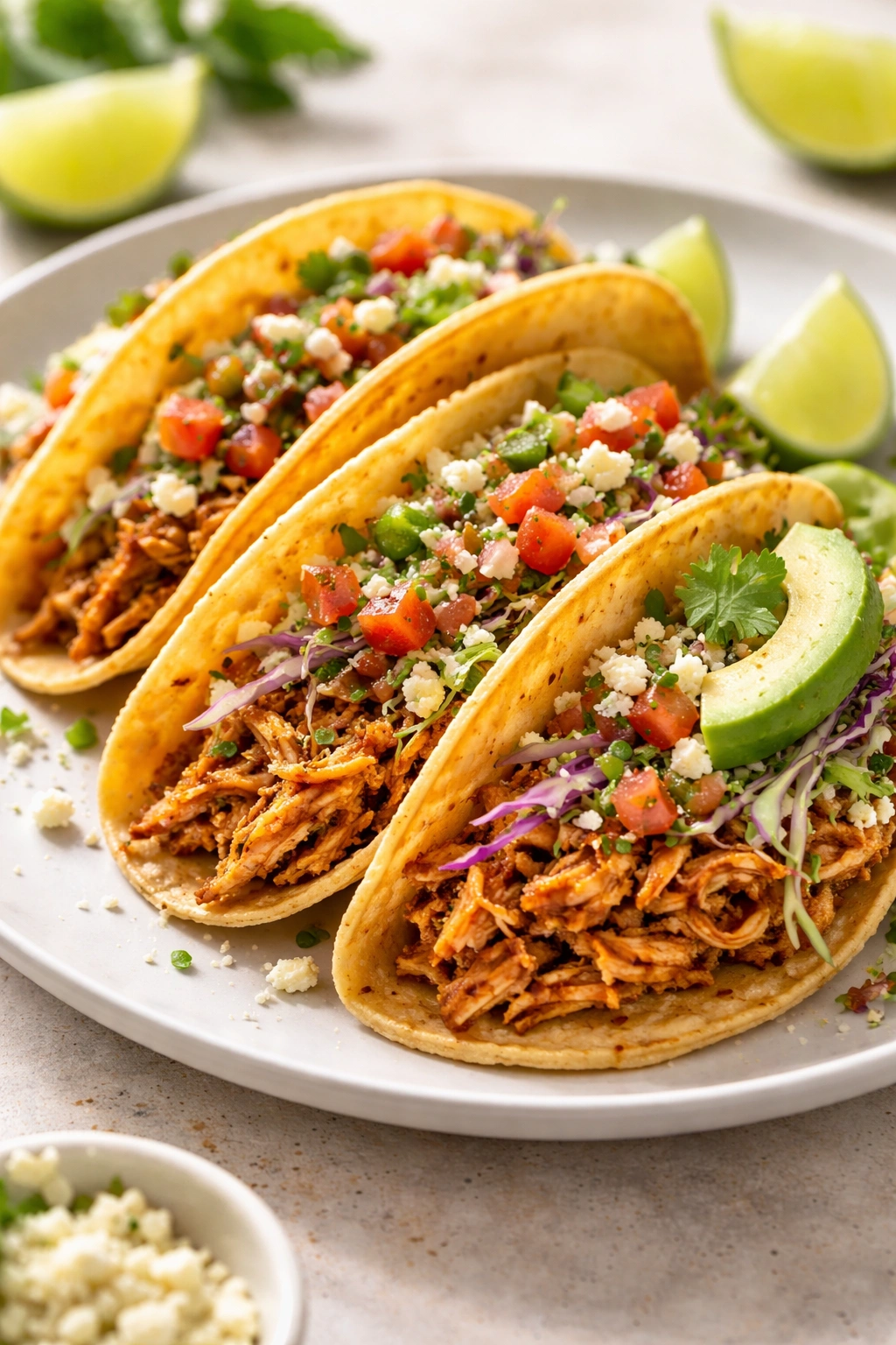 Crispy shredded chicken taco with cabbage and cotija cheese on a plate