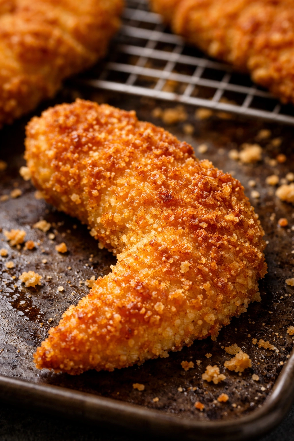 Close-up of golden-crisp baked chicken tender