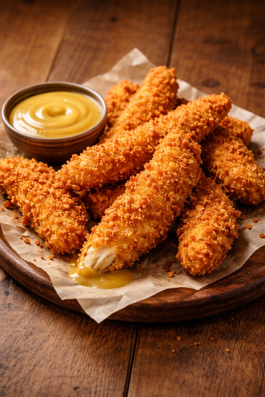 Crispy fried chicken tenders with honey mustard dip