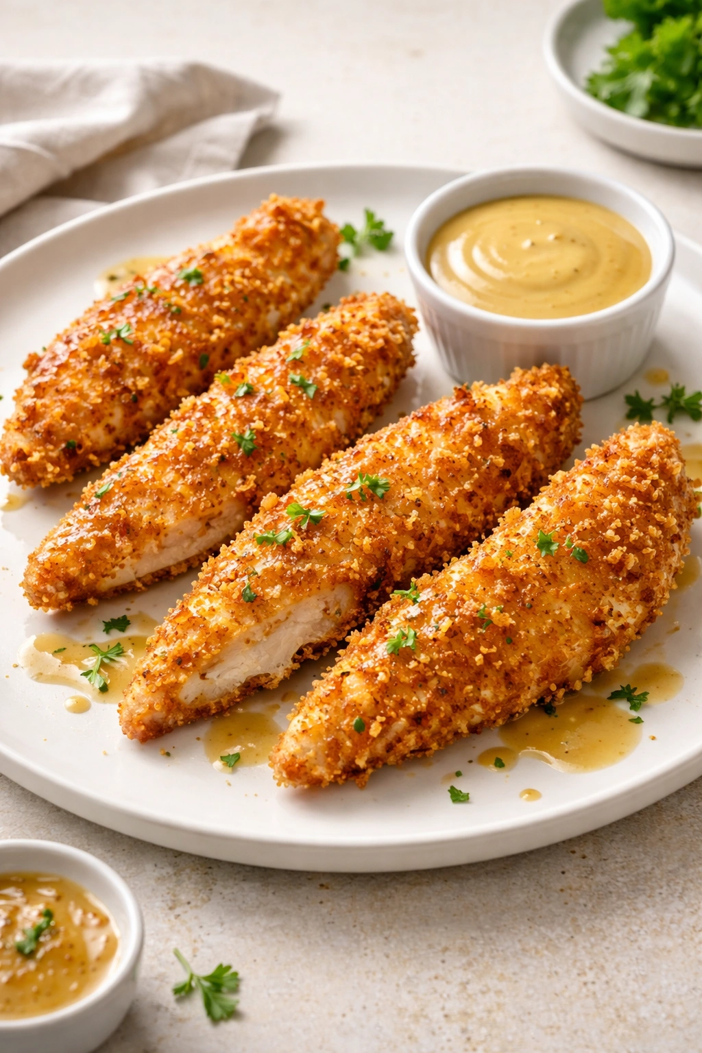 Crispy chicken tenders on plate with honey-mustard glaze