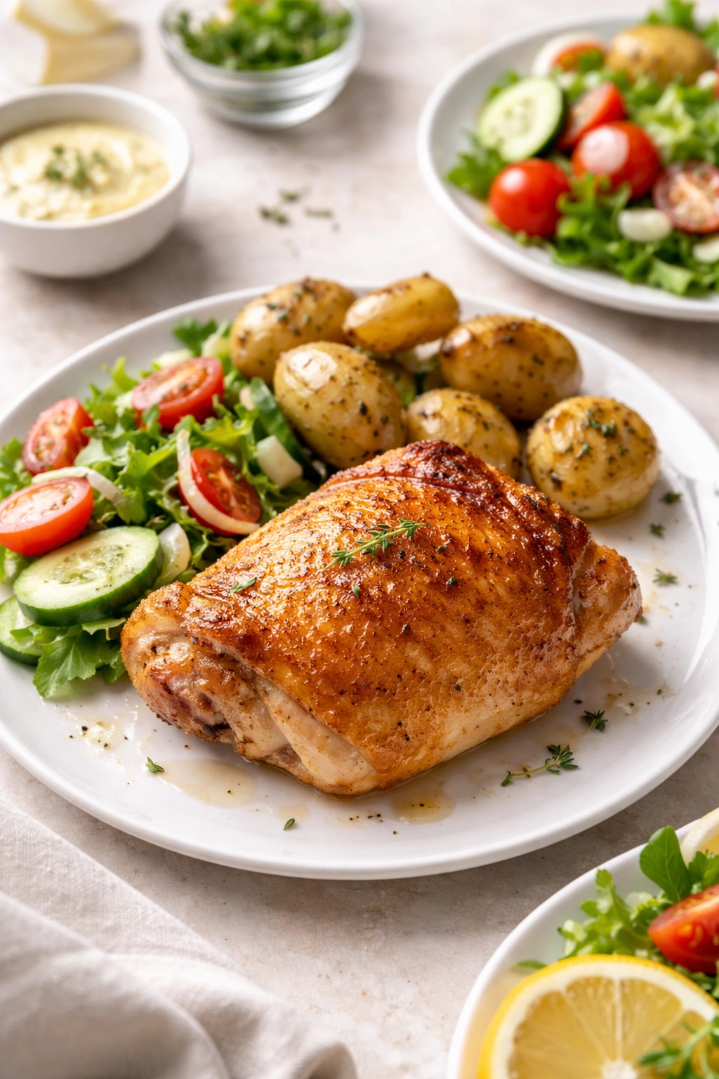 Crispy chicken thigh plated with a thyme garnish on a white plate