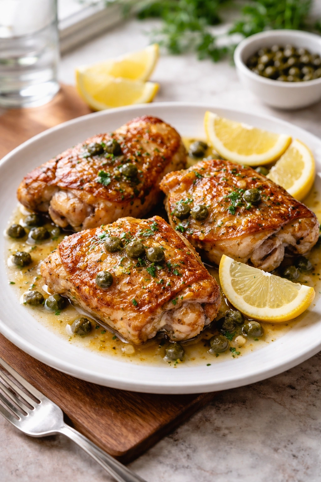 Crispy chicken thighs with lemon caper sauce on a plate