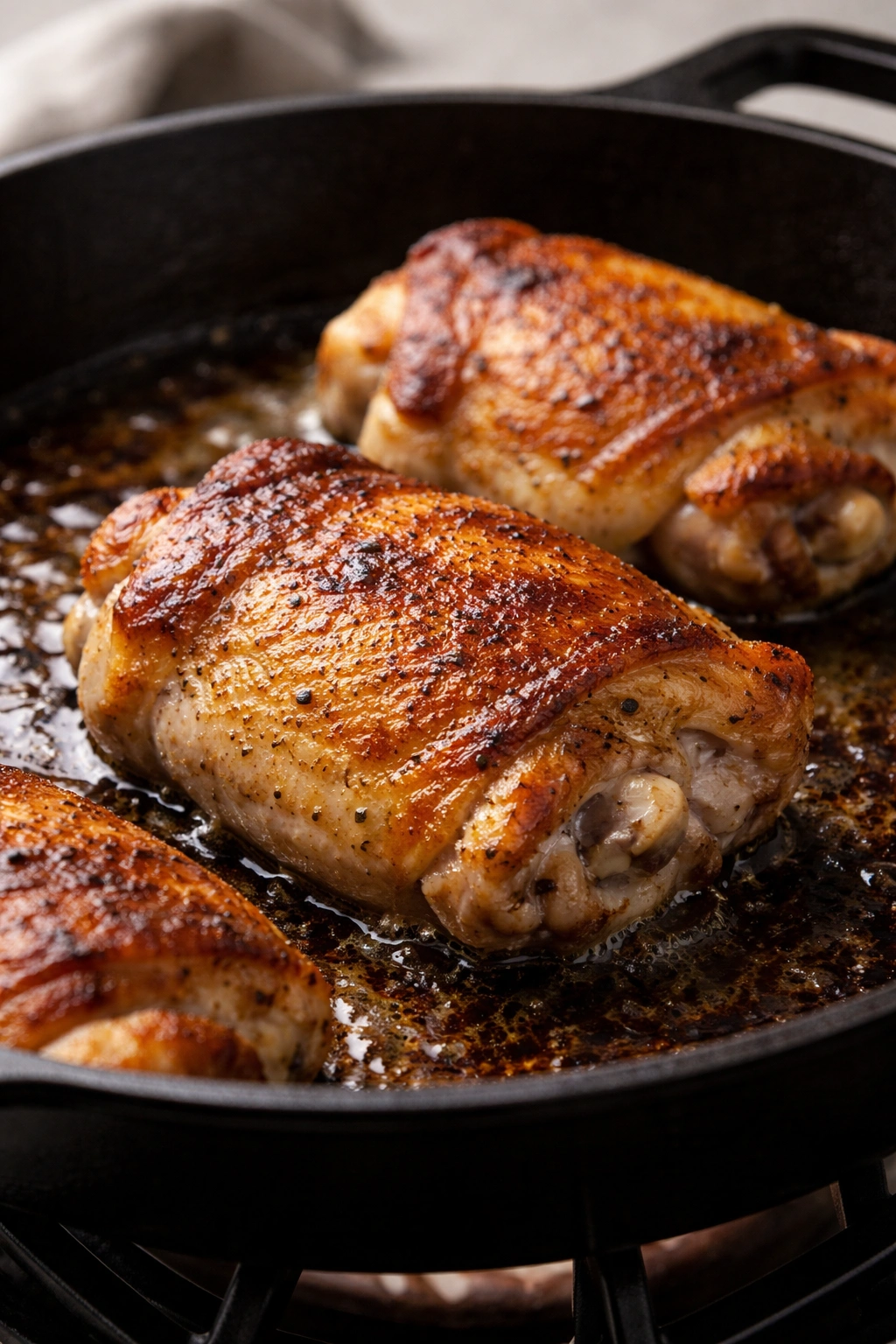 Crispy-browned chicken thigh searing in a cast-iron skillet