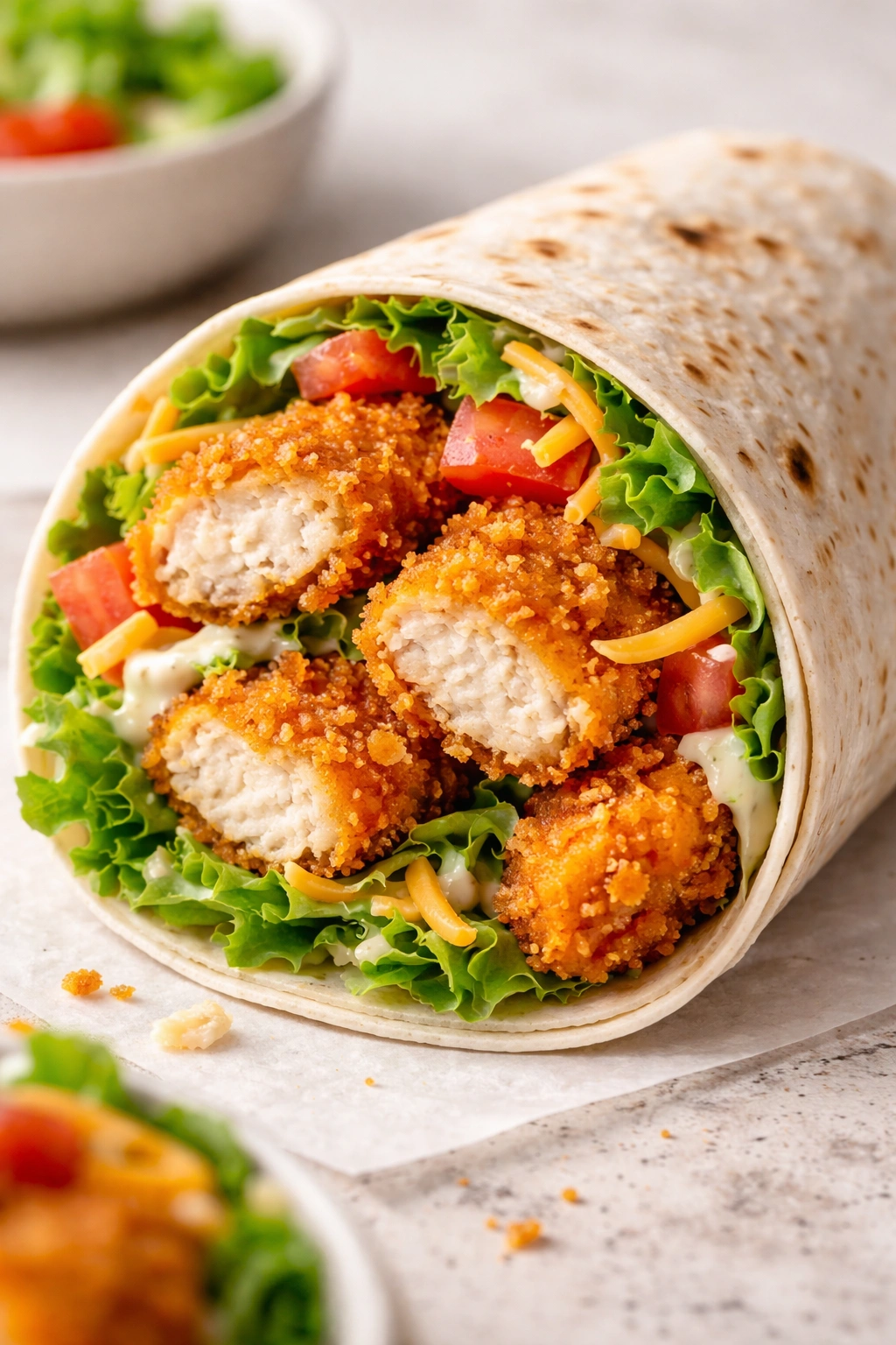 Crispy chicken tenders tucked in a wrap with lettuce and cheese