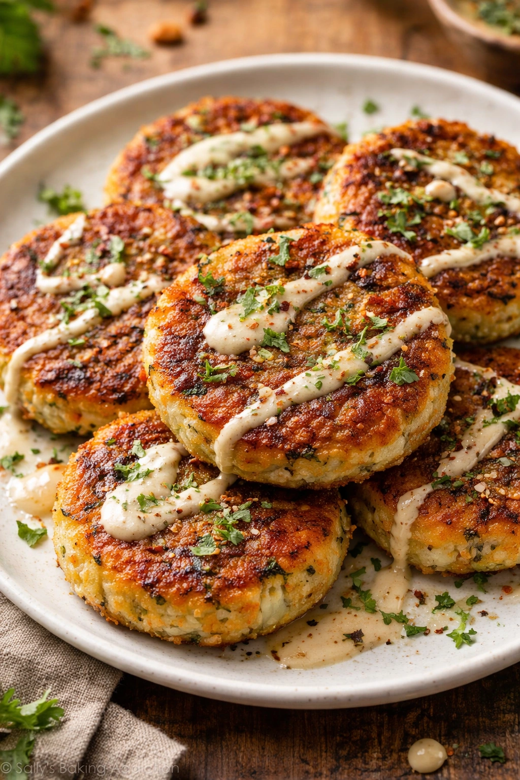 Crispy chickpea patties with herbs on a plate