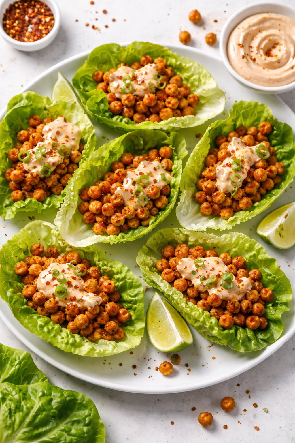 Lettuce cups filled with crispy chickpeas and sriracha mayo
