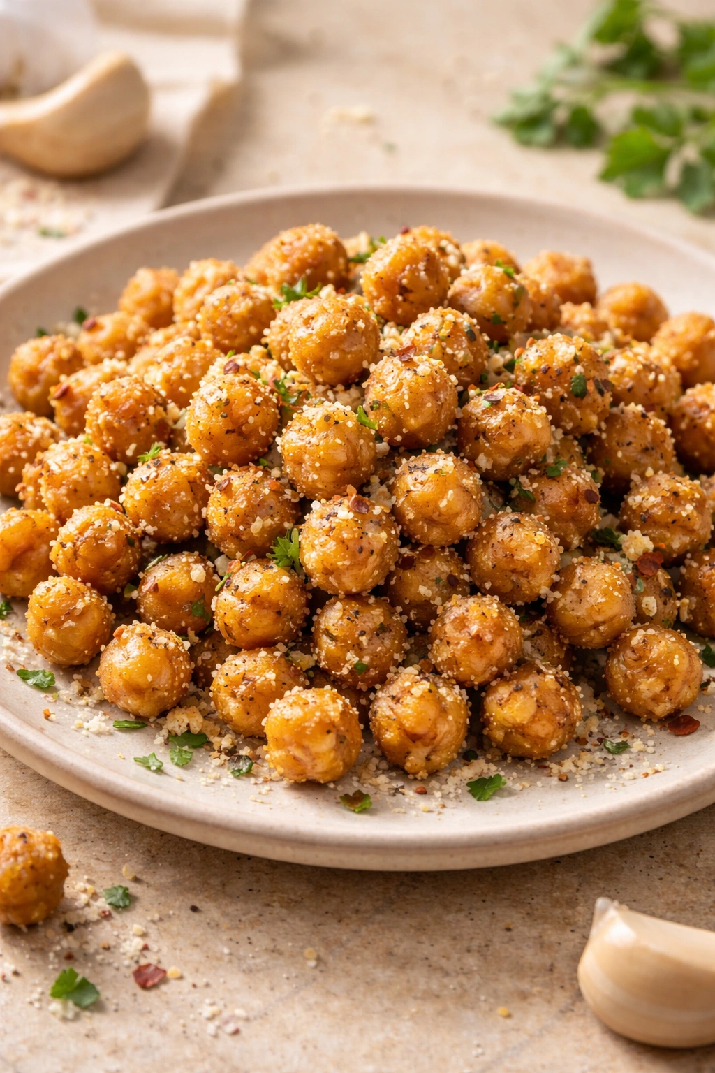 Close-up of crispy garlic parmesan chickpea bites on a pale plate