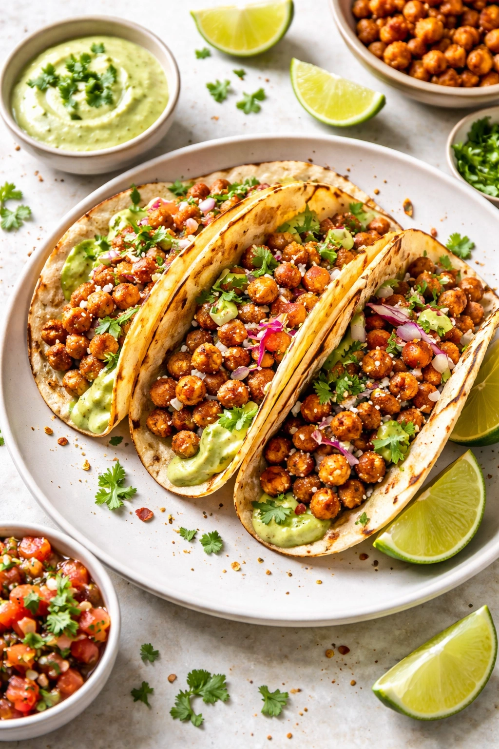 Plate of crispy chickpea tacos with avocado crema