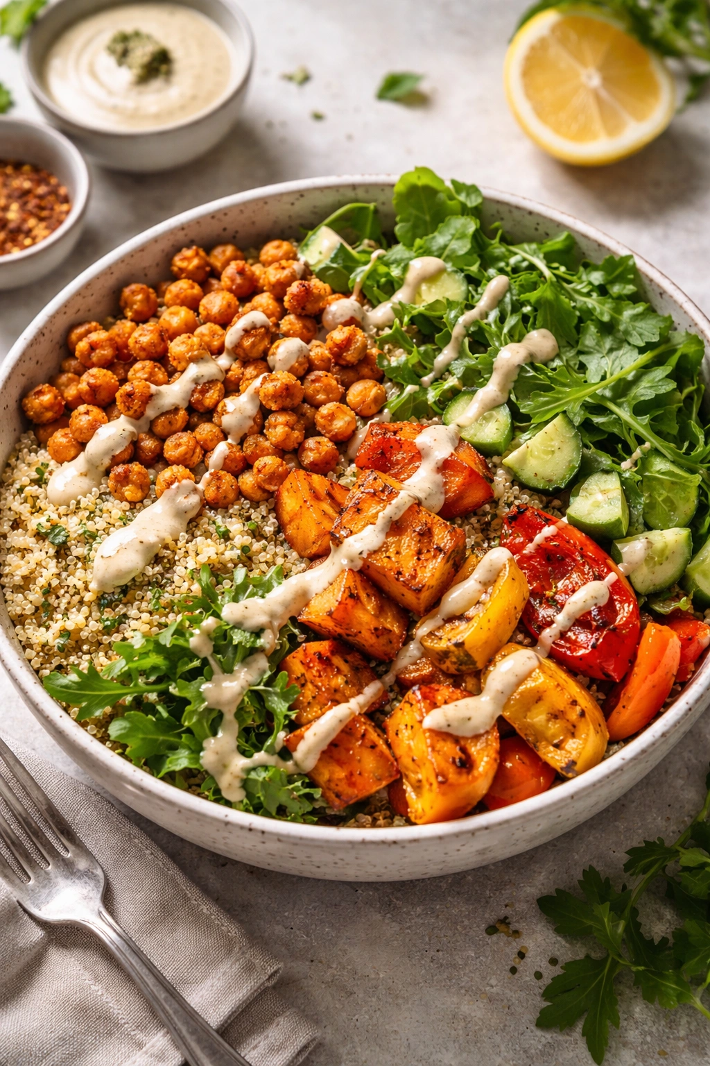 Close-up of a Buddha bowl with crispy chickpeas, roasted vegetables, quinoa, greens, and tahini drizzle