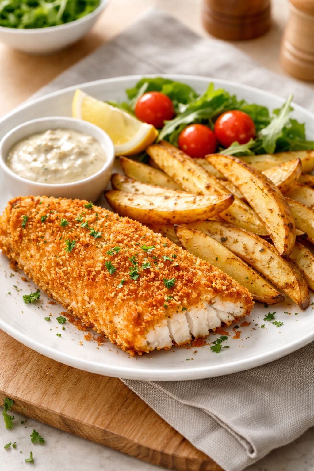 Air-fried crispy cod with oven-baked chips on plate