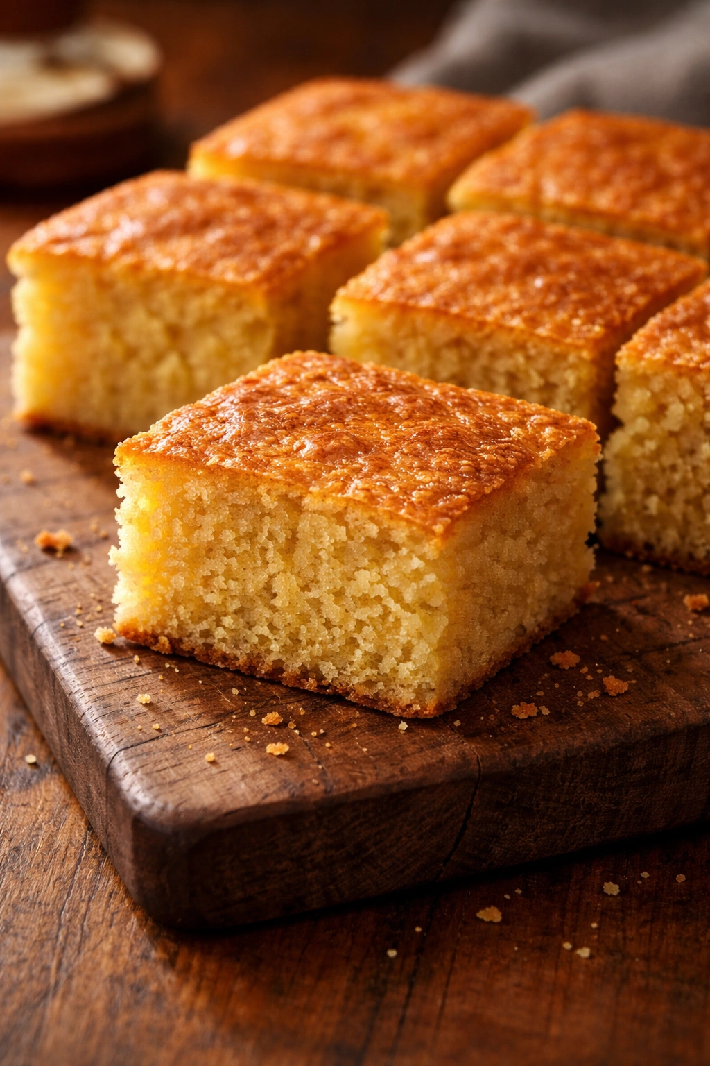 Golden crispy cornbread slice on wooden board