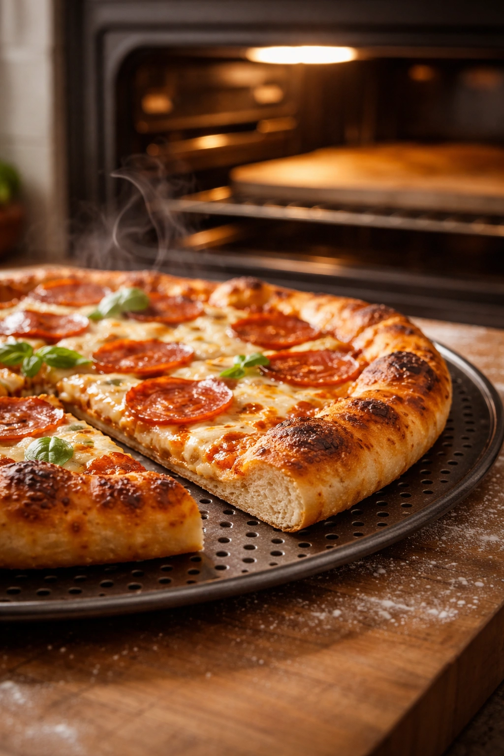 Pizza with crispy crust on perforated pan