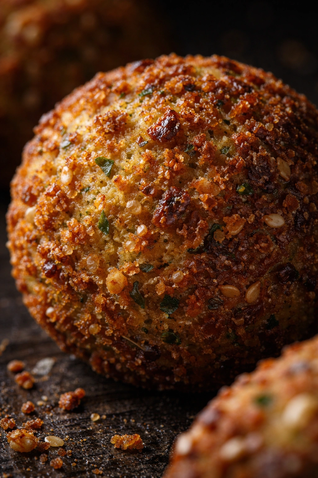 Macro close-up of crispy falafel crust