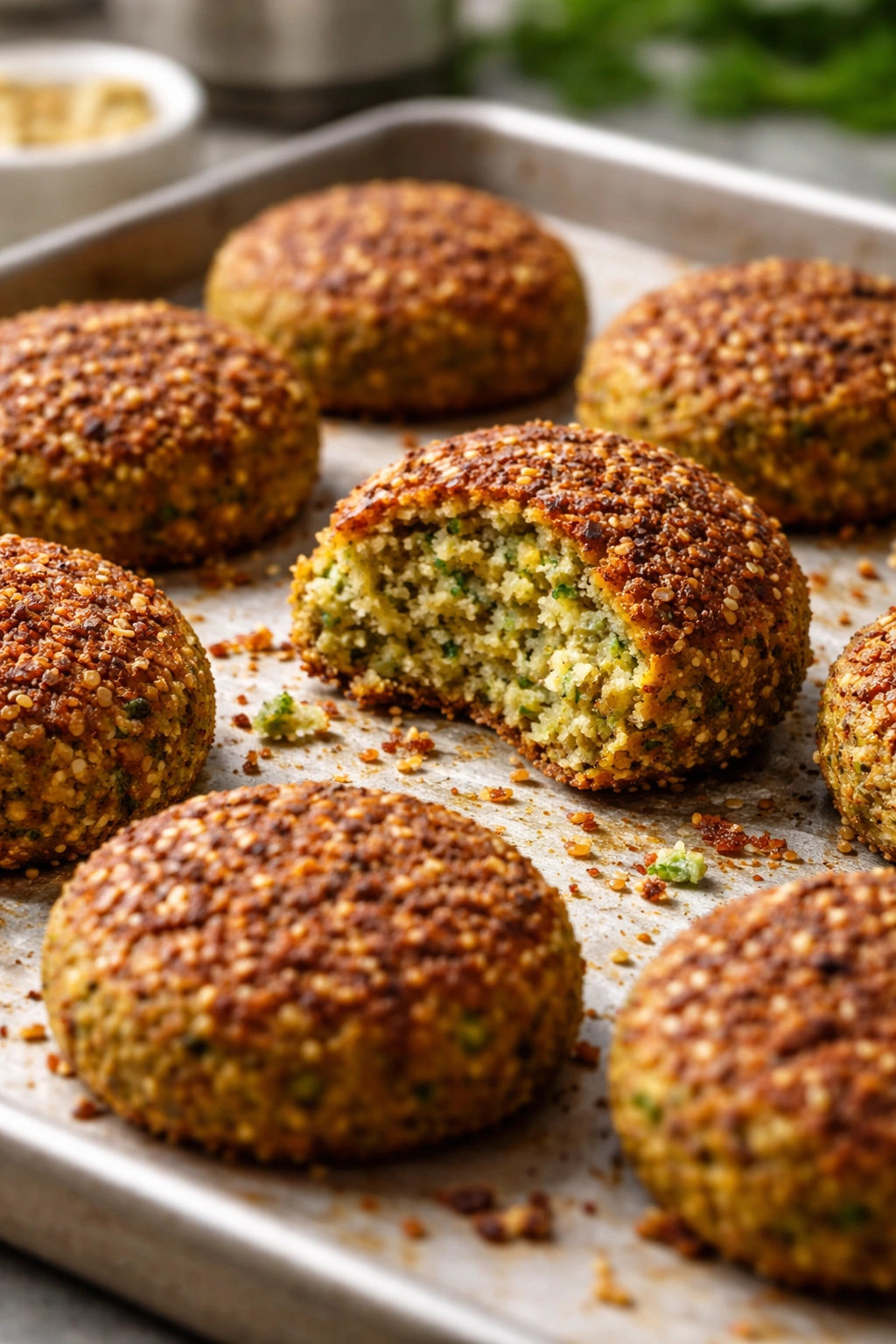 Close-up of falafel exterior showing crispy crust and soft interior