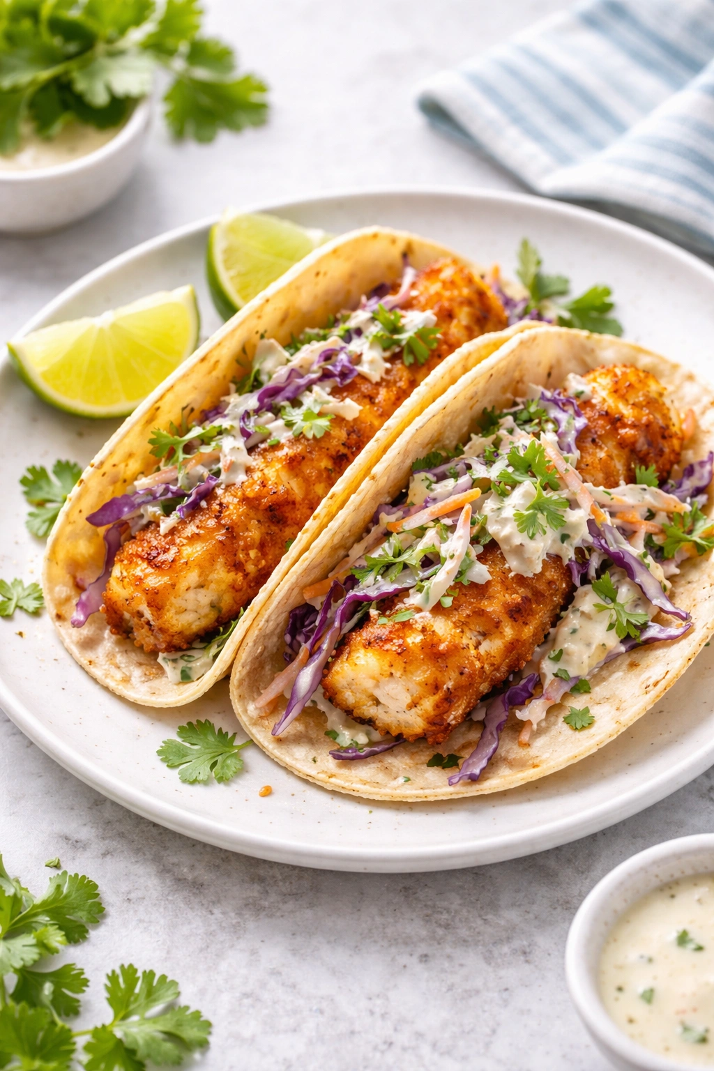 Two crispy fish tacos with purple slaw on plate