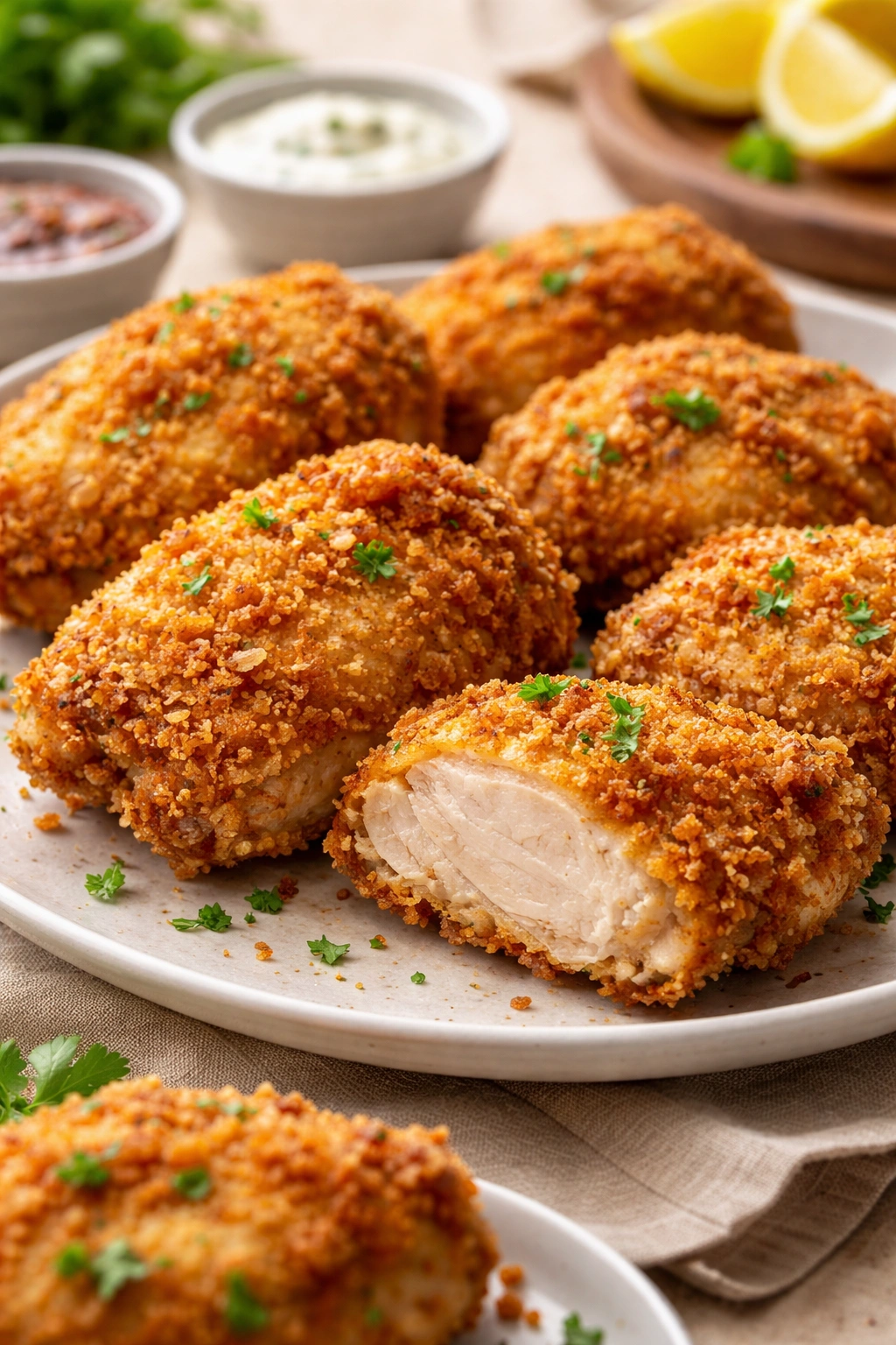 Close-up of crispy fried chicken thighs with golden crust on plate