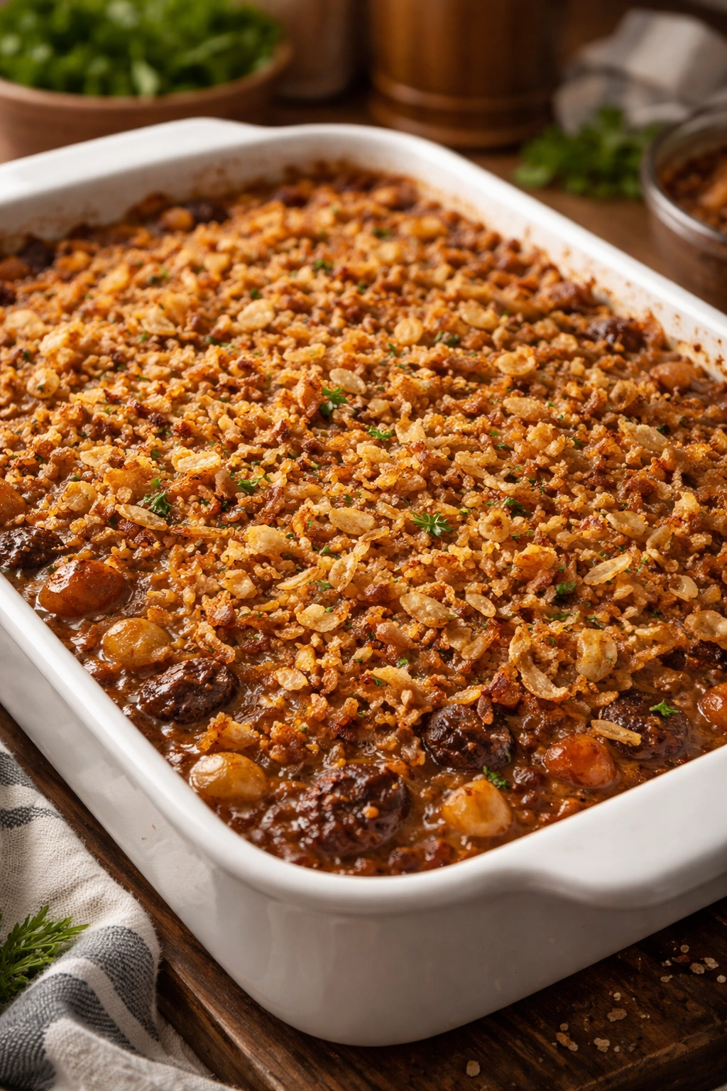 Casserole top with crispy fried onions, golden and tasty.