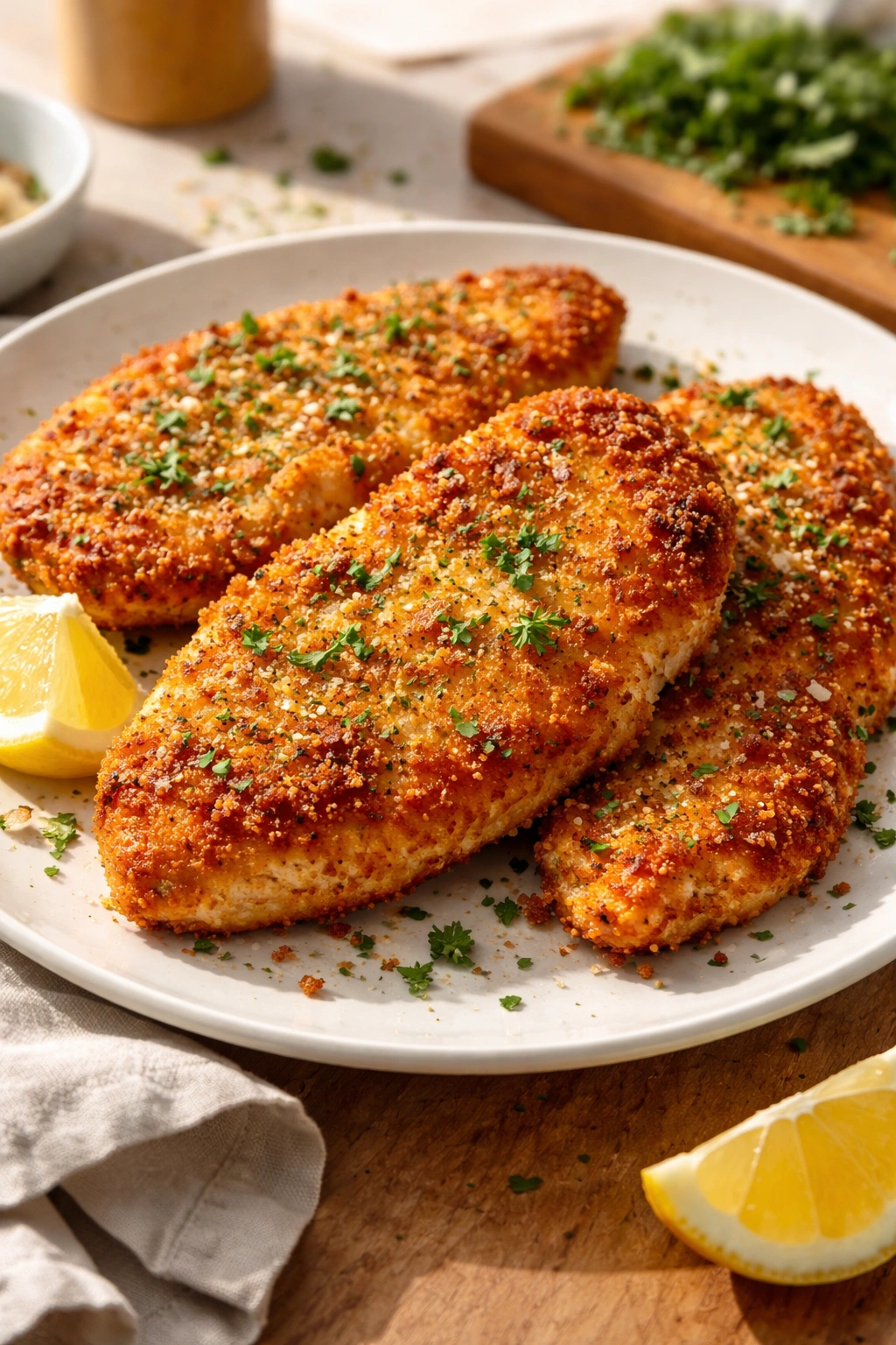 Golden crispy parmesan chicken cutlets on plate with lemon wedge