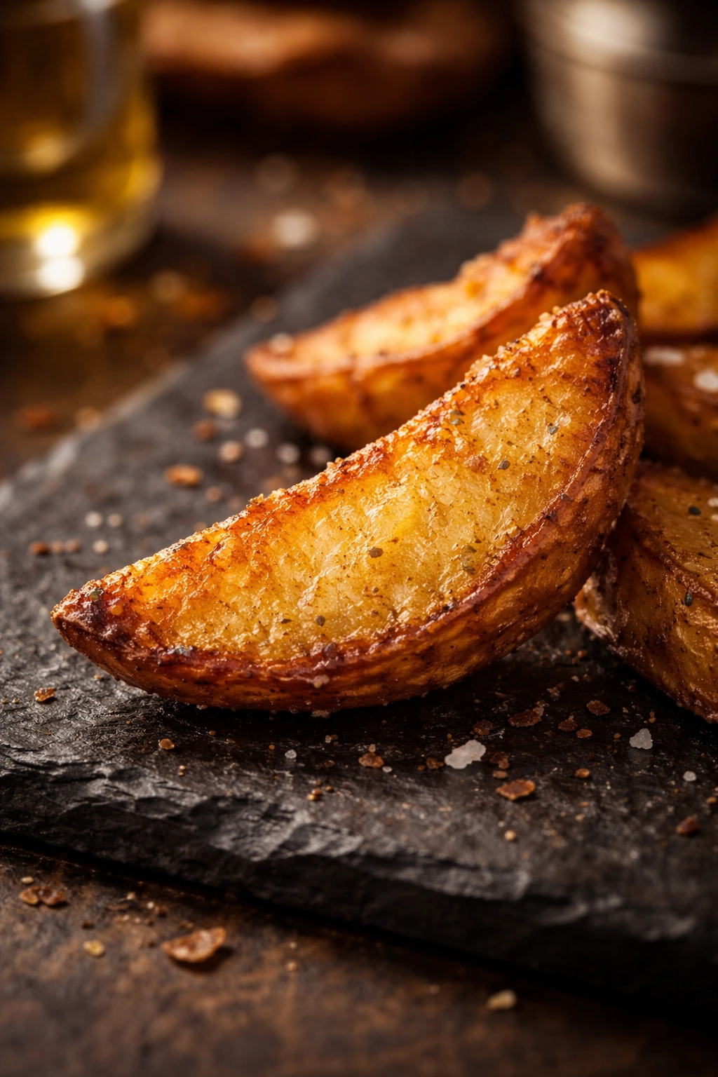 Close-up of a crispy golden potato wedge with crackling crust on a dark slate board