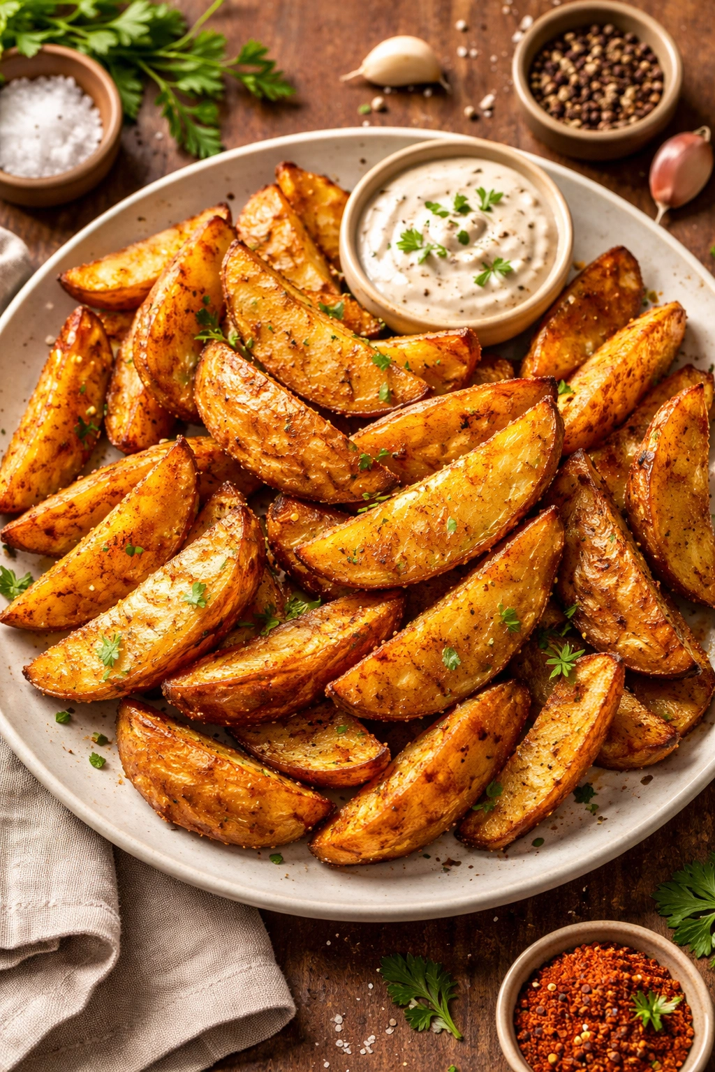 Plate of golden crispy potato wedges ready to serve