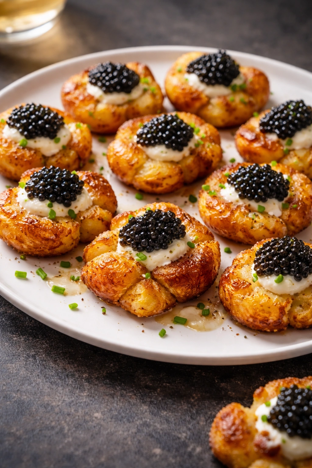 Close-up of crispy smashed potatoes topped with truffle oil and caviar on a white plate