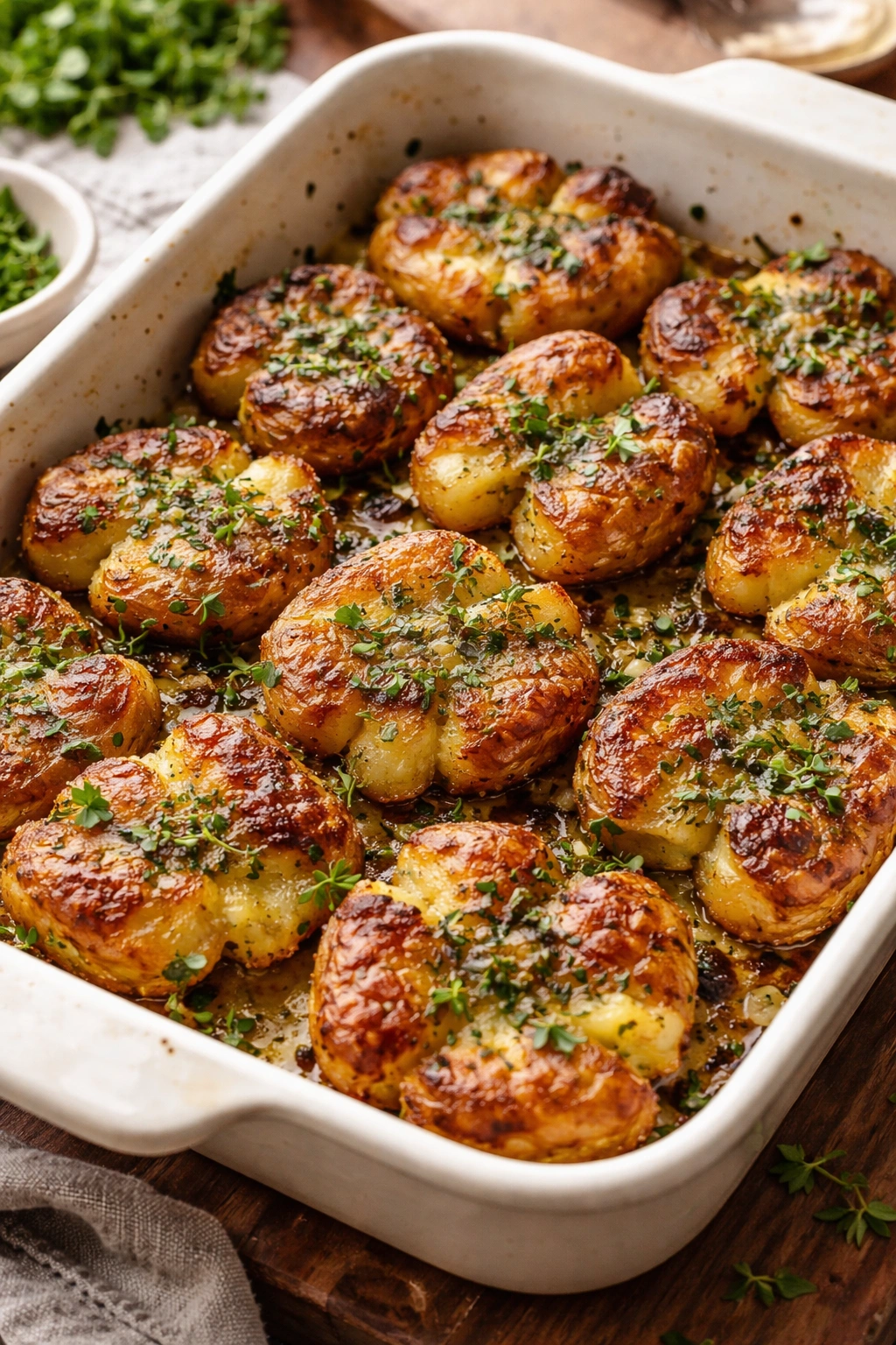 Golden crispy smashed potatoes with herbs on a dish.