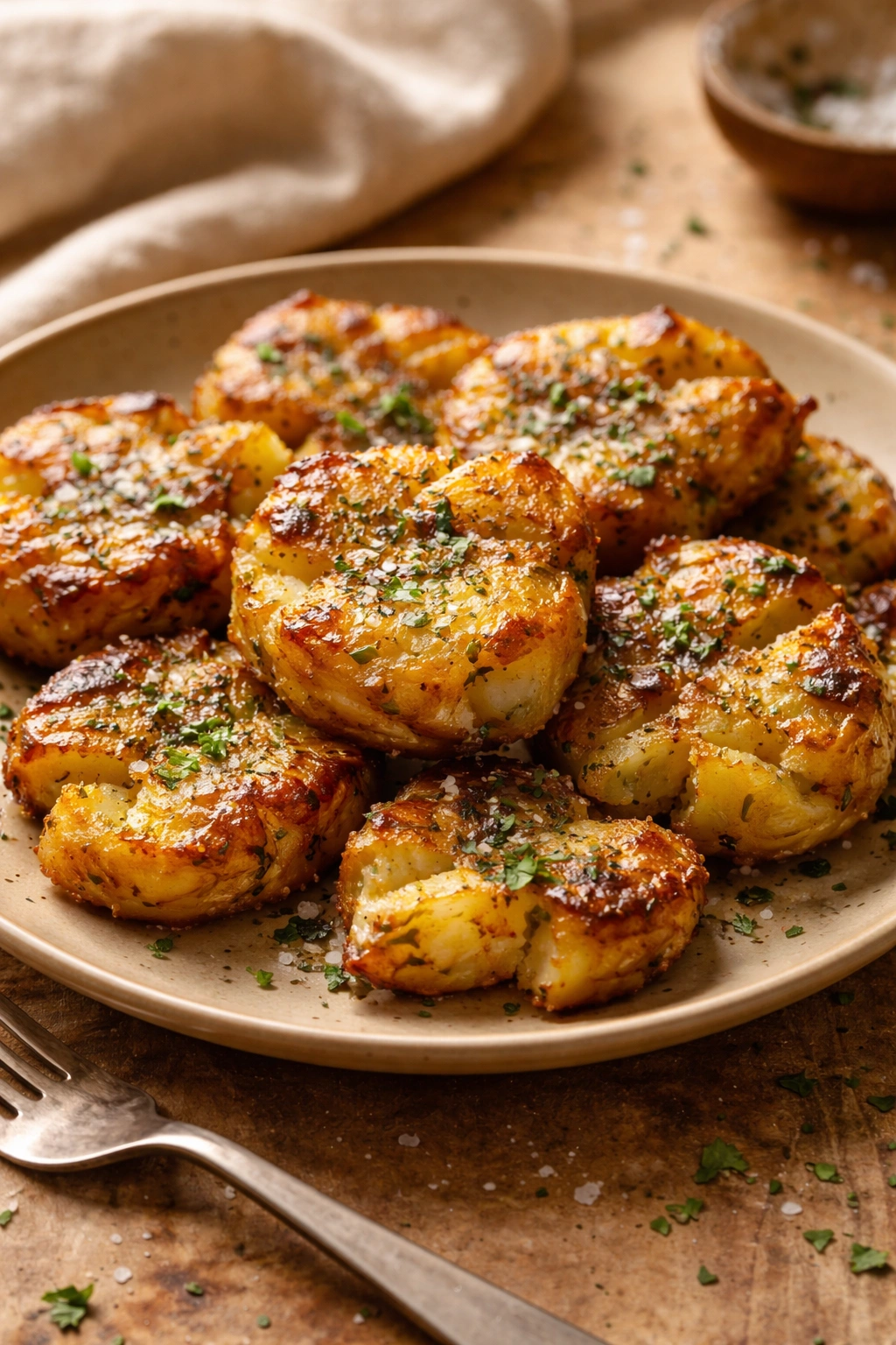 Plate of crispy smashed potatoes ready to serve with warm lighting