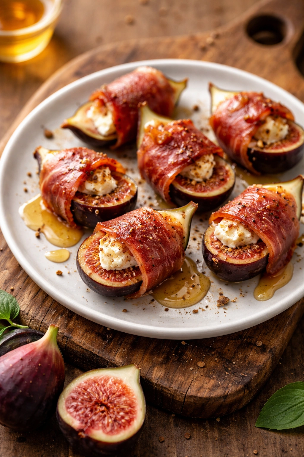 Close-up of crispy prosciutto-wrapped figs with honey drizzle on a white plate