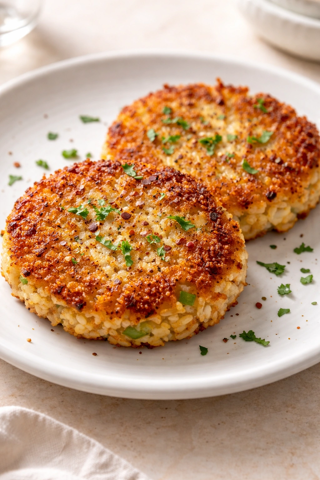 Golden crispy rice patties on a white plate