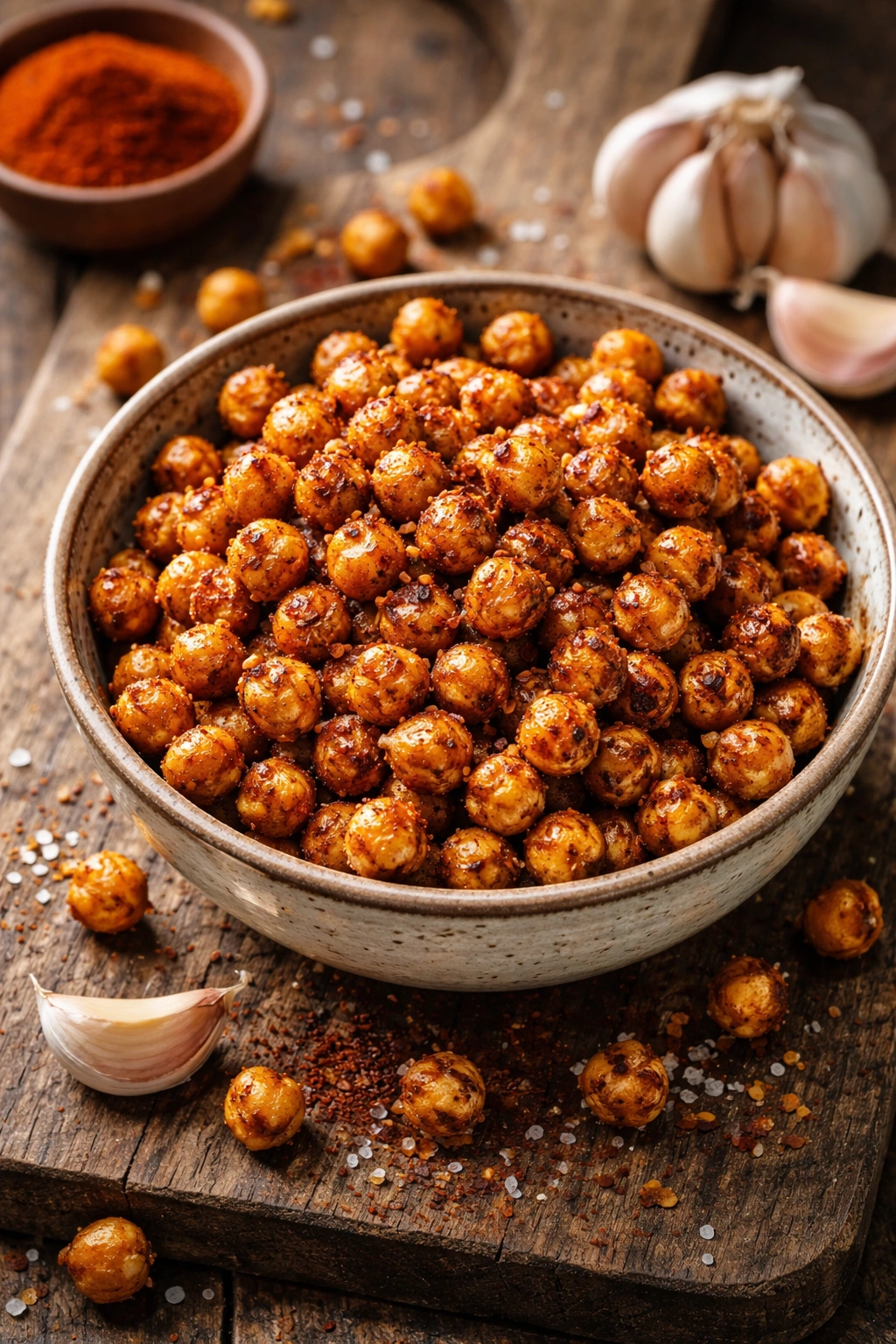 Close-up of crispy roasted chickpeas with paprika on a wooden board