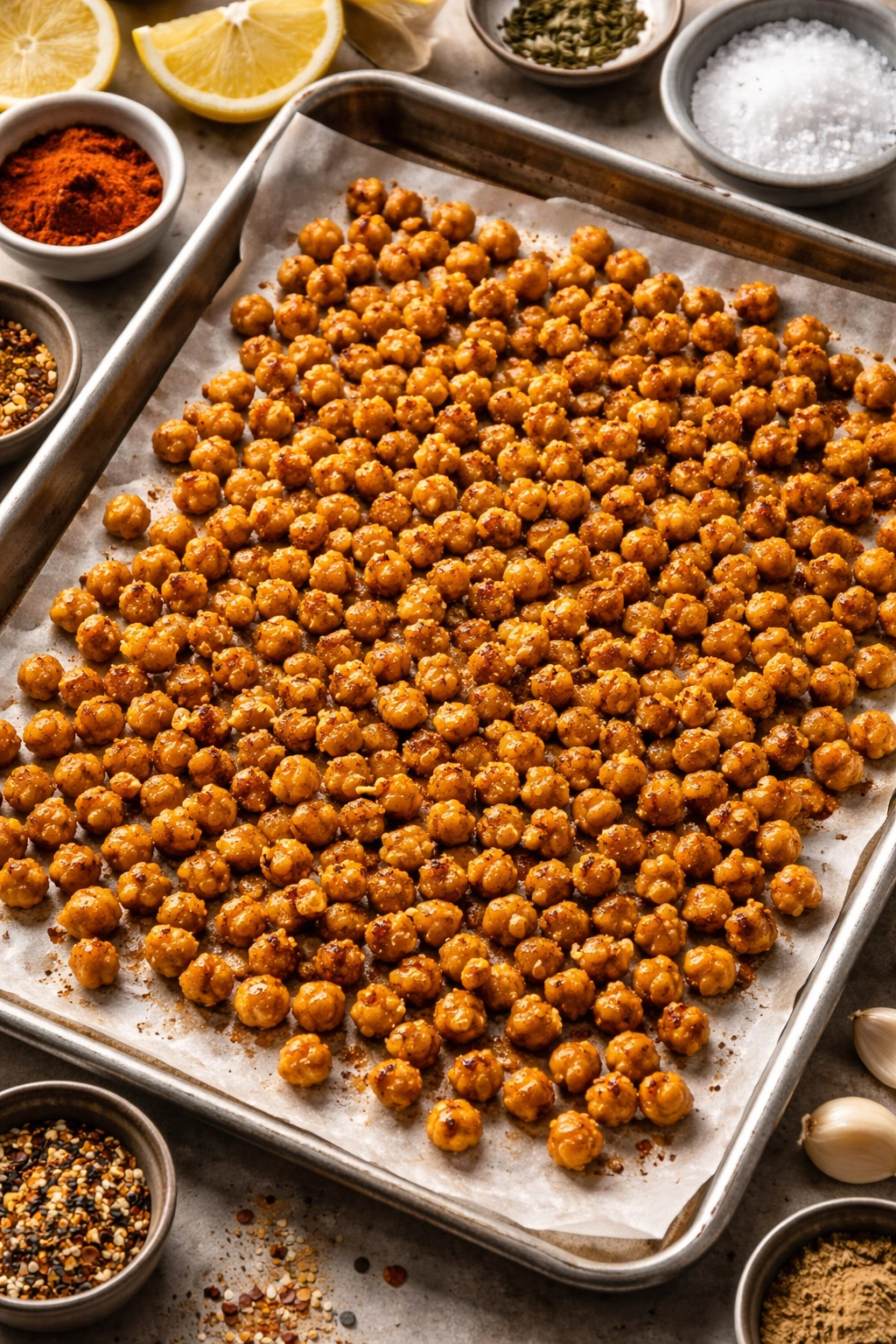 Close-up of crispy roasted chickpeas on parchment in a sheet pan
