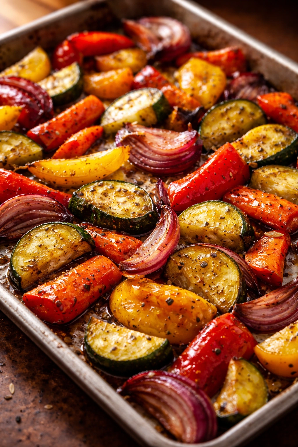 Caramelized crispy vegetables on a sheet pan