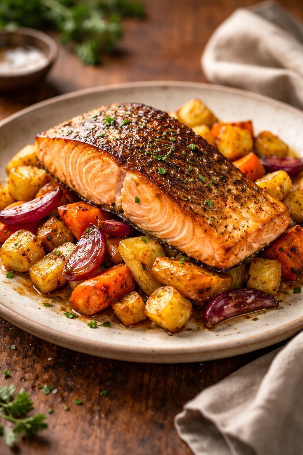 Close-up of crispy-skinned salmon with roasted root vegetables on a rustic plate