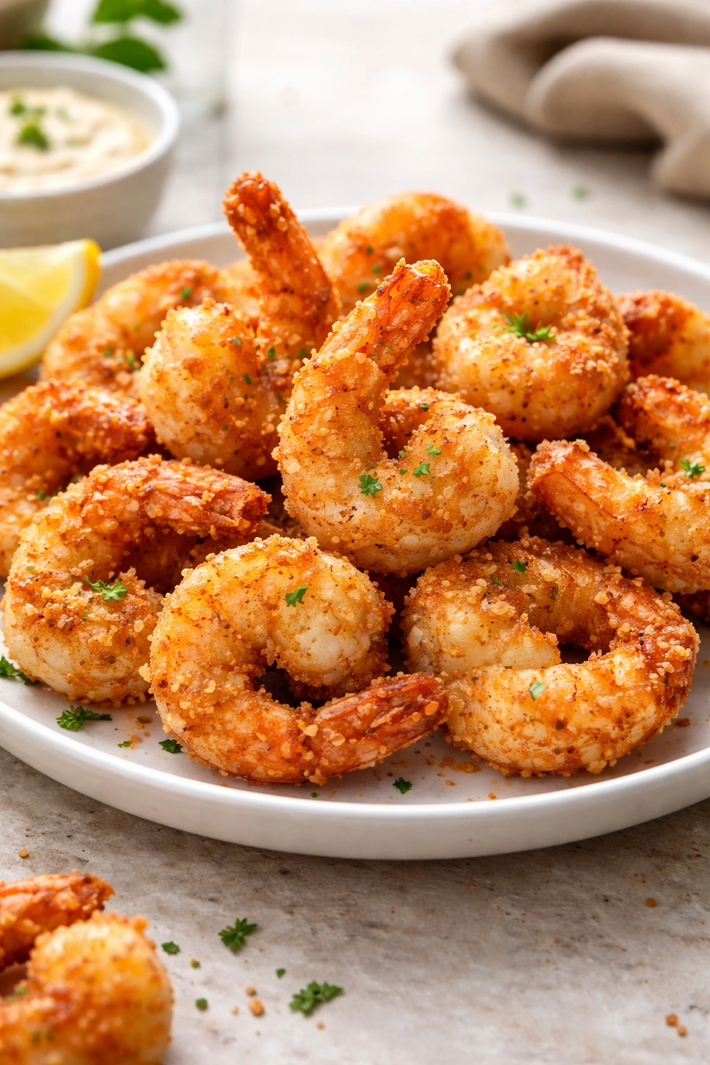 Close-up of crispy air-fried shrimp on a plate with golden breadcrumb coating