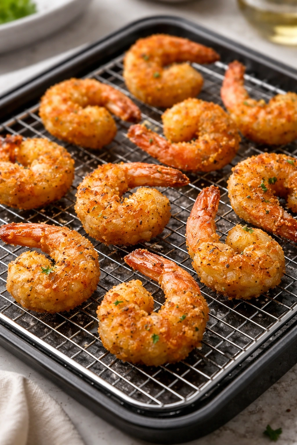 Close-up of golden crispy shrimp on a wire rack