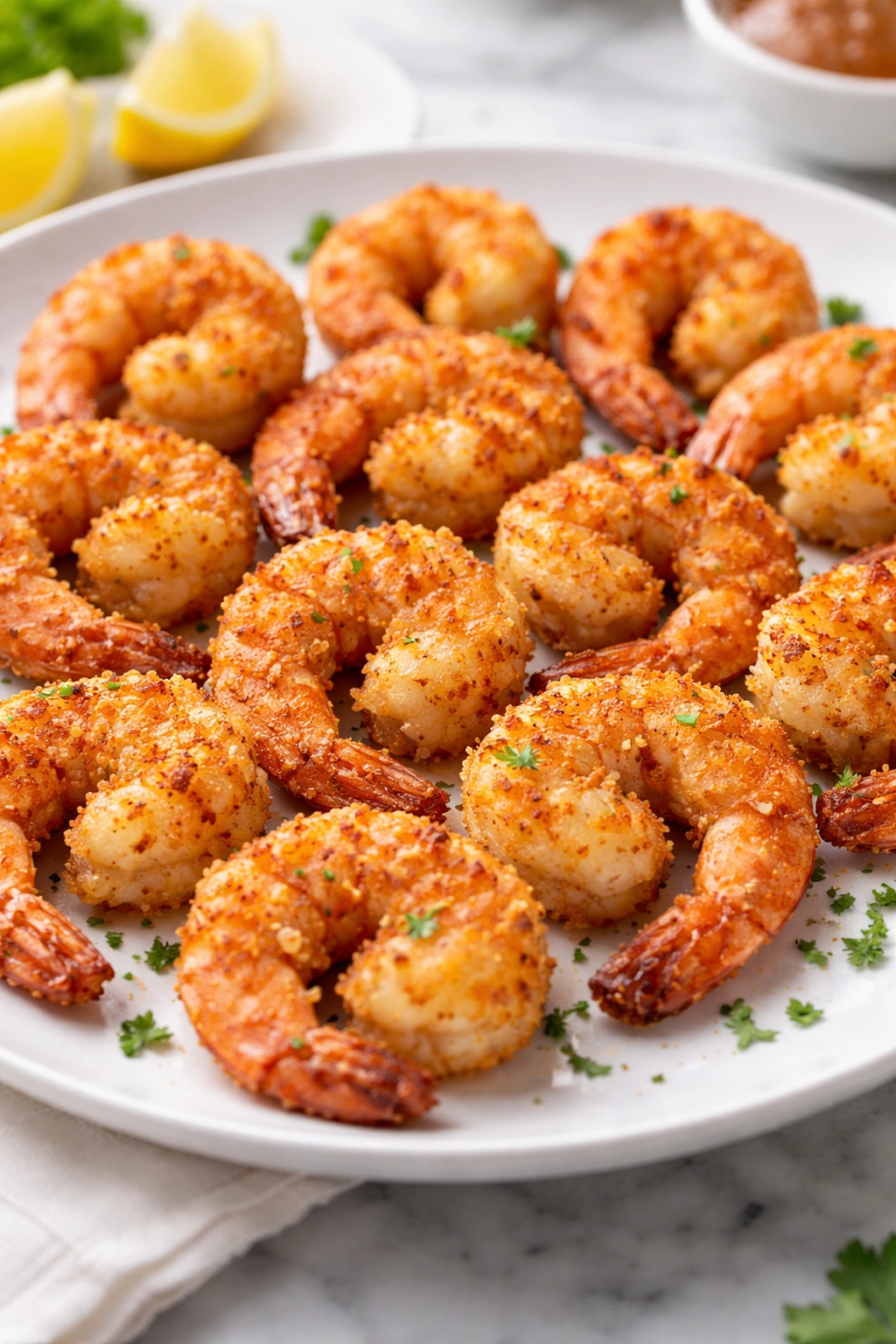 Evenly browned, crispy shrimp displayed with ample spacing