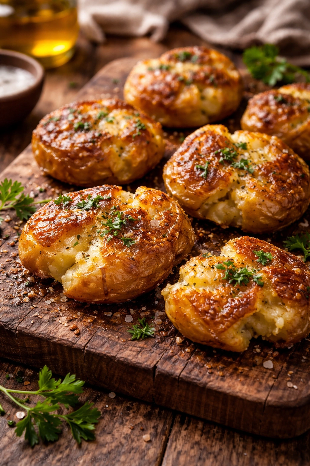 Close-up of crispy buttery smashed potatoes with golden crust and creamy interior