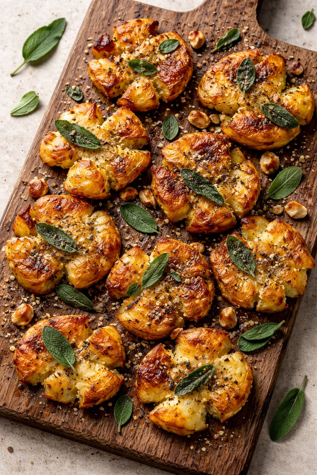 Crispy smashed potatoes with garlic and sage on plate