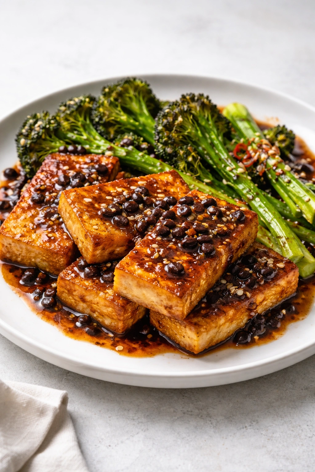 Crispy tofu with charred broccolini and black bean sauce on a plate