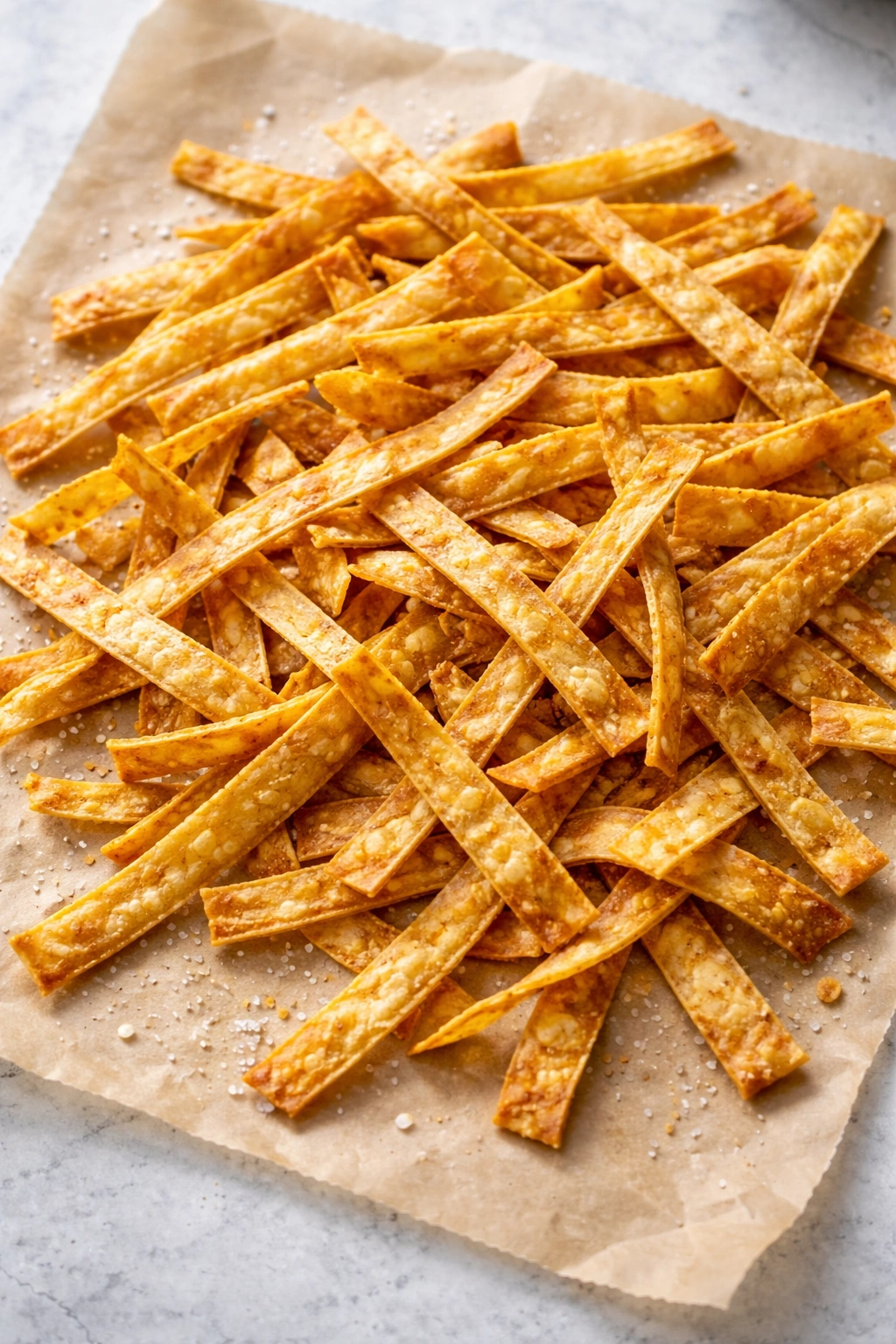 Golden crispy tortilla strips on parchment ready to top tortilla soup.