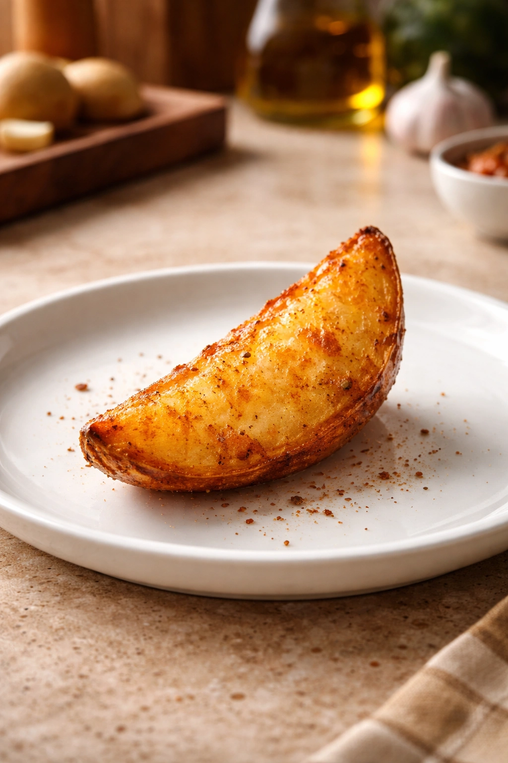 Single crispy potato wedge on a plate in a cozy kitchen